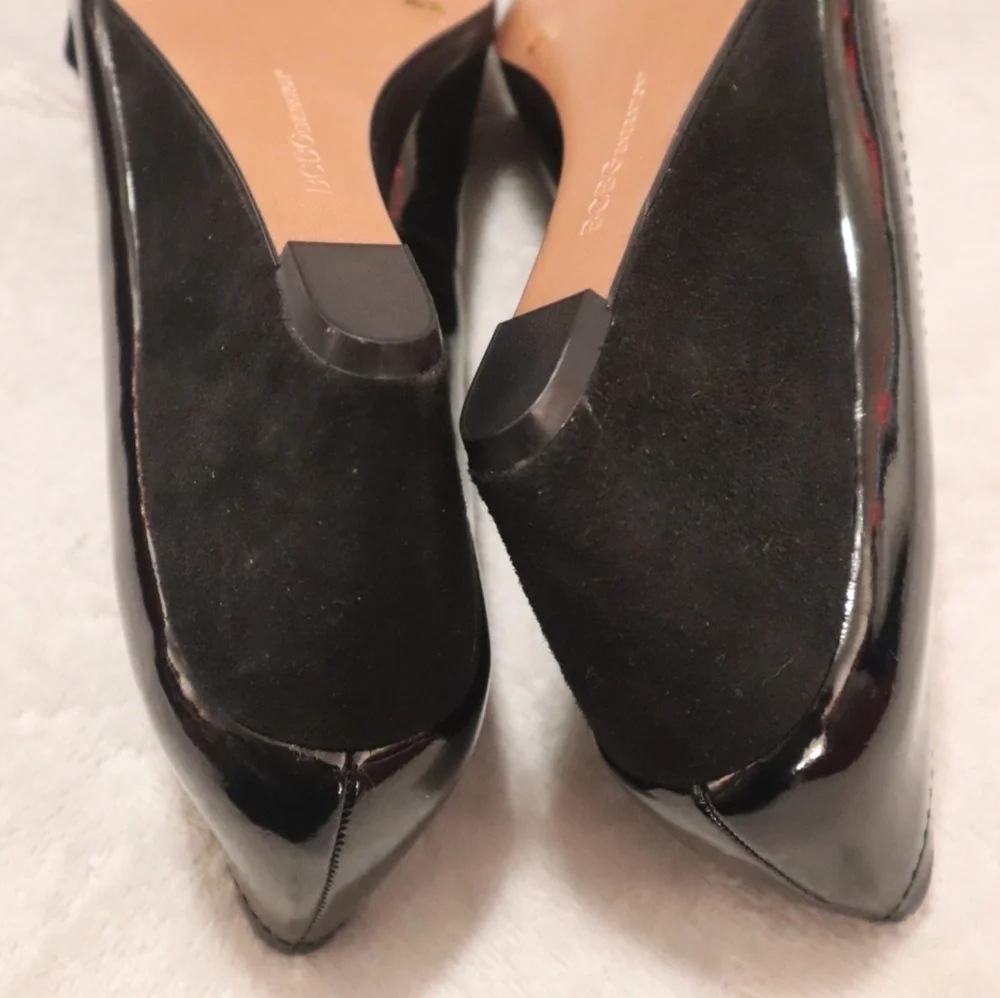 BLACK BOW WEDGES 9 BCBG Glossy Classic Formal Peeptoes Wedding Guest Prom Beach